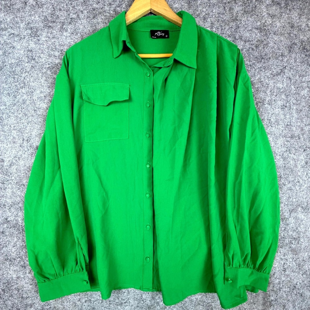 Milk & Honey Blouse Womens Large Green Pleated Long Sleeve Button Up Office Chic